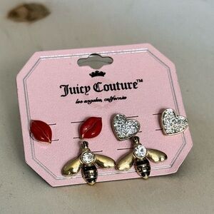 NWOT - Juicy‎ Couture - Gold Tone Lips Heart Bees Stud Earrings Trio